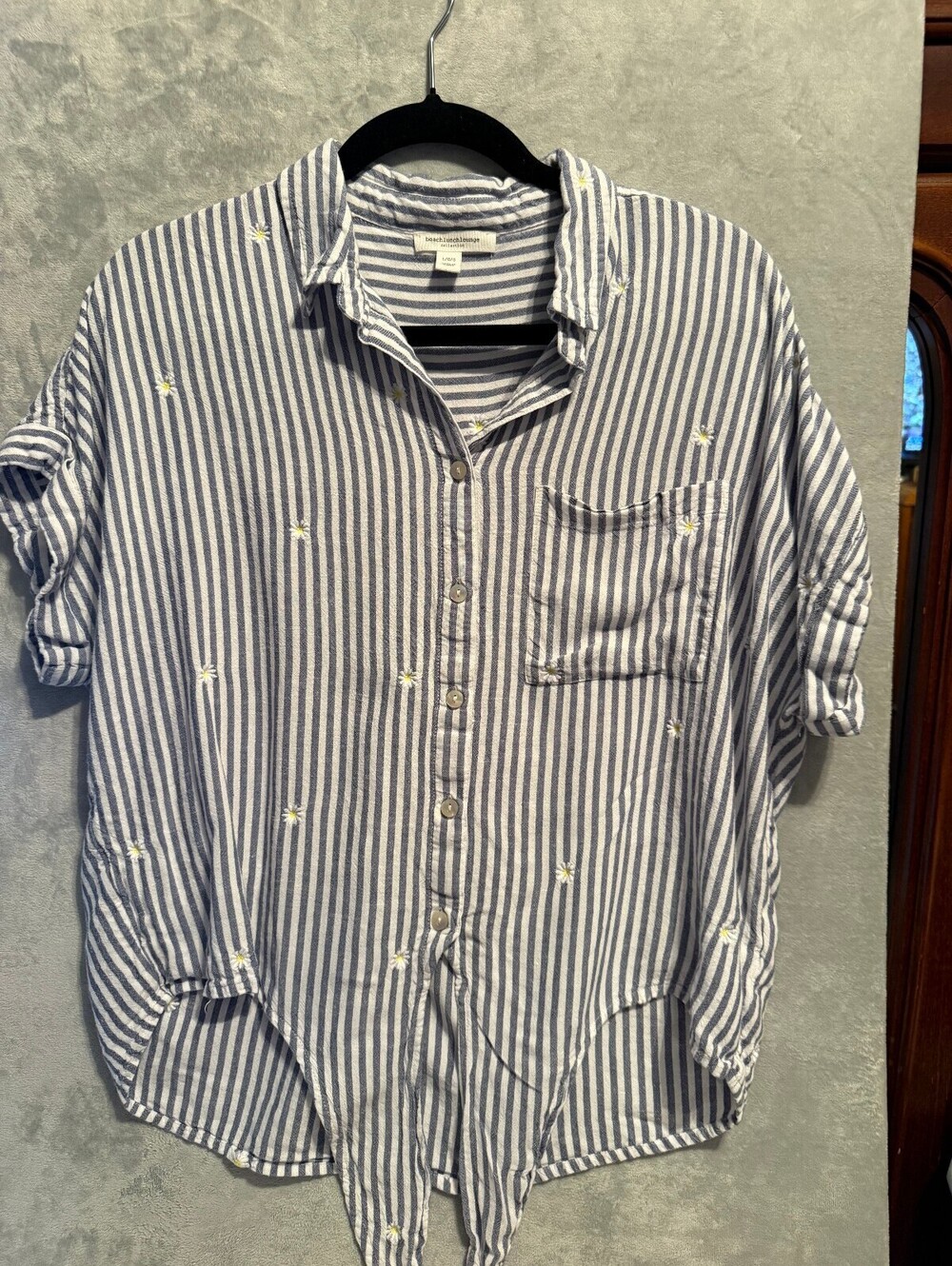 beachlunchlounge Collection Blue and White Striped Button-Up Blouse Tie Front - Picture 4 of 6